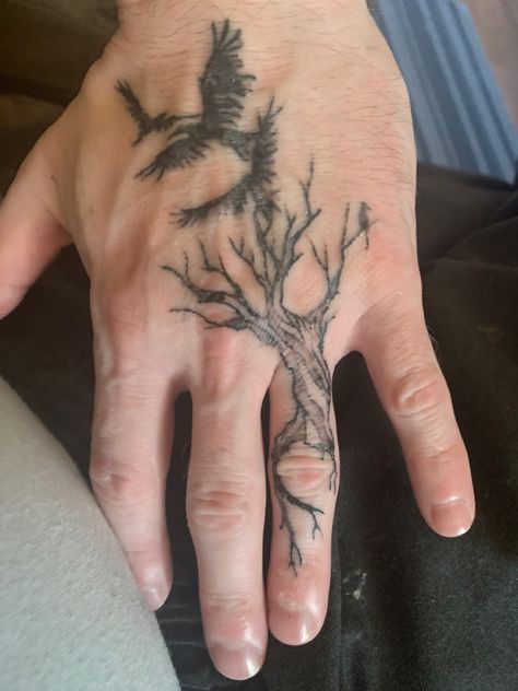 Tree Hand Tattoo Men, Mens Tattoo Inspiration, Hand Tree Tattoo, Raven Hand Tattoo, Tree Bird Tattoo, Leaf Tattoos Men, Tree Hand Tattoo, Forest Hand Tattoo, Make Tattoo Ideas