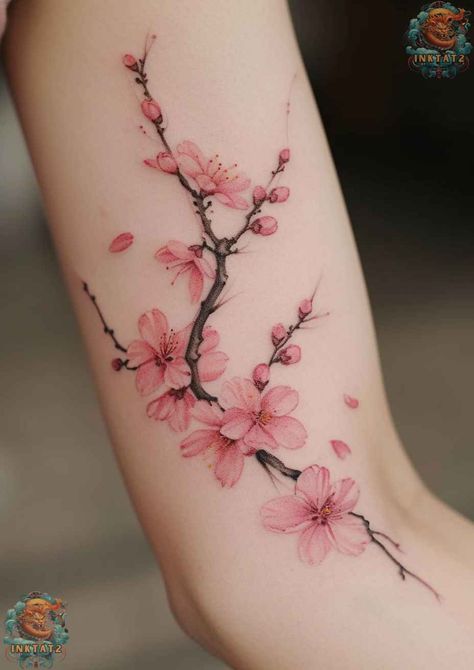 The Art and Symbolism of Cherry Blossom Tree Tattoo Designs: A Comprehensive Exploration - inktat2.com Cherry Blossom Drawing Tattoo, Cherry Blossom Tattoo Sleeve Woman, Trad Japanese Tattoo, Japanese Sakura Tattoo, Cherry Blooms Tattoo, Japanese Cherry Blossom Tattoos, Cherry Blossom Tree Tattoo, Bloom Tattoo, Blossom Tree Tattoo