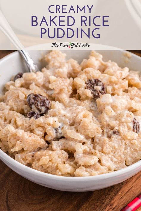 This oven baked Rice Pudding recipe is made with warm spices, sweet raisins and topped with a splash of heavy cream. Comfort food never tasted so good! #cozyfood #rice #ricepudding Rice Pudding With Raisins, Almond Milk Rice Pudding, Baked Rice Pudding Recipe, Old Fashion Recipe, Best Rice Pudding, Best Rice Pudding Recipe, Farm Meals, Homemade Rice Pudding, Oven Baked Rice