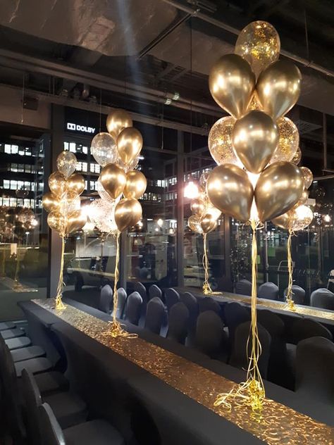 golden baloons Golden Year Party Ideas, Golden Gala Decorations, Golden Gala Homecoming Theme, Golden Age Theme Party, Solid Gold Party Theme, Gold Rush Prom Theme, Golden Theme Party Decor, Golden Hour Hoco Theme, Black Tie 18th Birthday Party