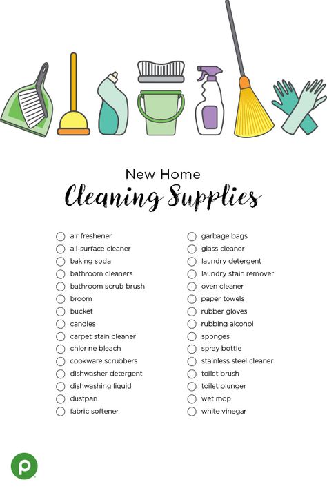 Moving into a new house? Stop by Publix with this handy cleaning supply checklist to stock up on items to keep your new home spotless. Click through to print your checklist, and stroll down the cleaning supply aisles on your next grocery trip to pick up everything you need in one stop. #cleaningchecklist New Home Cleaning, Cleaning Supplies Checklist, Cer Nocturn, First Apartment Tips, Kaktus Dan Sukulen, New Home Essentials, Cleaning Supplies List, First Apartment Essentials, Studera Motivation