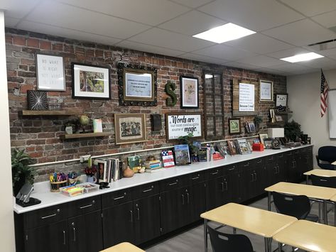 Dark Acadamia Classroom, Brick Bulletin Board Ideas, Brick Bulletin Board Classroom, Dark Academia Aesthetic Classroom, Brick Wall Classroom Decor, Academia Classroom Aesthetic, Brick Classroom Decor, Moody Classroom Decor, Dark Academia Classroom Decor