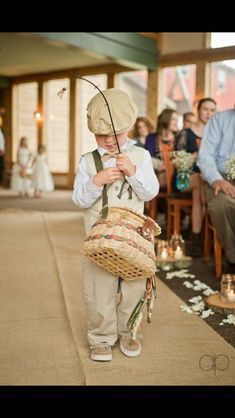 Ring bearer with fis No Ring Bearer Ideas, Country Fishing Wedding Ideas, Fishing Centerpieces Ideas Wedding, Fishing Wedding Ideas, Fishing Wedding Theme, Fishing Theme Wedding, Fishing Engagement, Fishing Themed Wedding, Fish Wedding