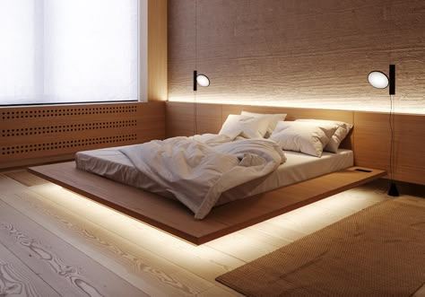 LED Lighting Allows This Bed To Appear As If It's Floating Owners Suite, Suite Bedroom, Floating Bed, Wood Bed Frame, Modern Apartment, Bedroom Bed, Apartment Design, Luxurious Bedrooms, Home Decor Tips