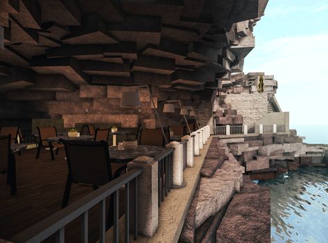 Bloxburg Cliffside House, Bloxburg Hotel Interior, Bloxburg Terrain, Bloxburg Lobby Ideas, Faulty Bloxburg, Build Ideas Bloxburg, Italian Cliffside, Bloxburg Hotel Exterior, Mountain House Bloxburg