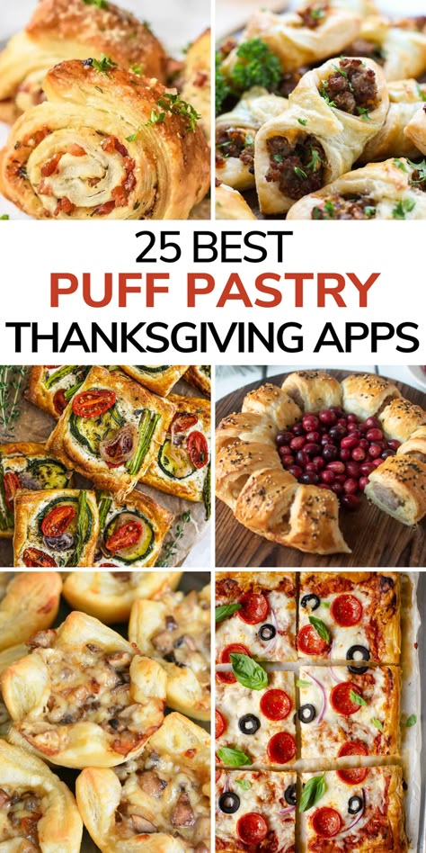 Buttery puff pastry dough is the perfect ingredient to make easy appetizers for the holiday season! These 25 Thanksgiving puff pastry appetizer recipes use simple ingredients to make impressive yet easy appetizers for holiday parties or game day gatherings. Thanksgiving Pastry Ideas, Easy Recipes Using Frozen Puff Pastry, Baked Puff Pastry, Pie Dough Appetizers, Appetizer Recipes With Puff Pastry, Puff Pastry Brie Appetizers, Pumpkin Twists Puff Pastry, Impressive Thanksgiving Recipes, Puff Pastry Sheets Recipes