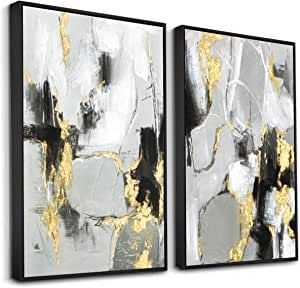 Amazon.com: Zessonic Black and Gold Abstract Wall -Art Decor- 2 Pack 16" x 24" Black and White Canvas Wall Decor with Gold Foil for Living Room, Bedroom, Office, Framed, Ready to Hang: Posters & Prints Black And Gold Living Room, Black And Gold Abstract, Seashell Wall Art, Artwork Decor, Gold Living Room, Graffiti Artwork, Grey Wall Art, Gold Canvas, Gold Wall Art