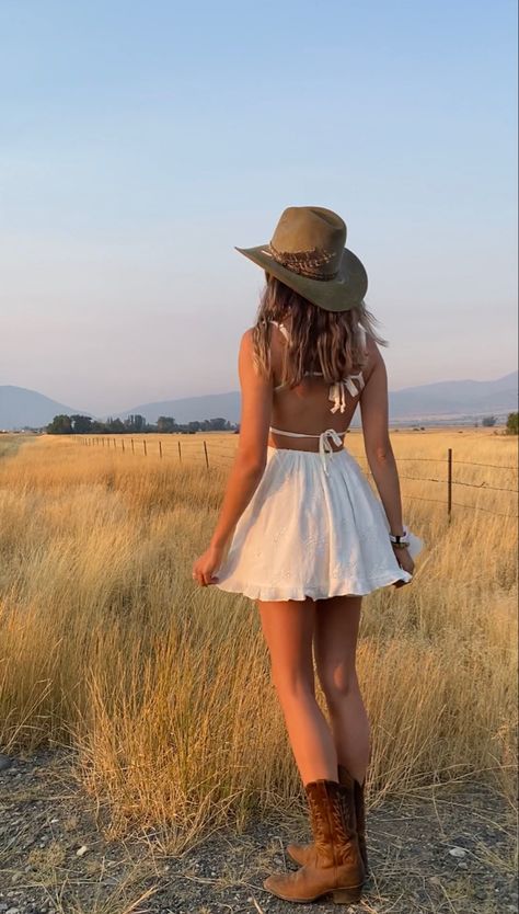 Fancy Cowgirl Outfits Dresses, Romper And Cowboy Boots Outfits, Cowgirl Aesthetic Clothes, Cowboy Summer Outfits For Women, Slightly Country Outfits, Dress And Cowboy Boots Outfit Summer, Senior Pics Cowboy Boots, Western Core Outfits, Cowgirl Boots Summer Outfit