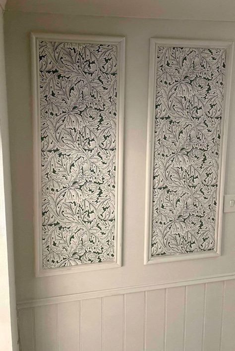 DIY framed wallpaper panels: wall art in 7 easy steps - Claire Douglas Styling Framed Wallpaper Panels Dining Room, Framed Wallpaper Panels Bedroom, Framing Wallpaper As Art, Diy Framed Wallpaper, Wallpaper Panels Framed, Wallpaper Border Ideas, Green Blue Interior, Victorian Foyer, Framed Wallpaper Panels