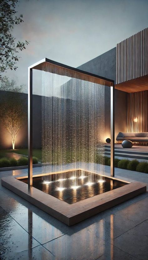 Small Pool With Fountain, Modern Fountain Design, Fountain Garden Ideas, Mediterranean Outdoor Decor, Backyard Fountain Ideas, Outdoor Fountain Ideas, Modern Water Fountain, Garden Fountain Ideas, House Fountain