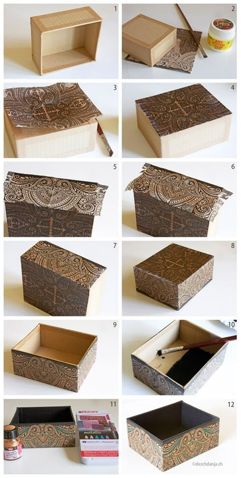 How to decorate a cardboard box with napkin technique, www.deschdanja.ch: Cardboard Box Crafts, Diy Storage Boxes, Box Crafts, Decoupage Box, Altered Boxes, Cardboard Furniture, Diy Cardboard, Blonde Brunette, Diy Box