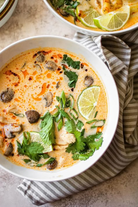 Tom Kha Gai Soup (Thai Coconut Soup) | So Much Food Tom Kha Gai Soup, Tom Kha Soup, Thai Coconut Chicken Soup, Thai Mad, Thai Coconut Chicken, Tom Kha Gai, Thai Coconut Soup, Tom Kha, Thai Soup