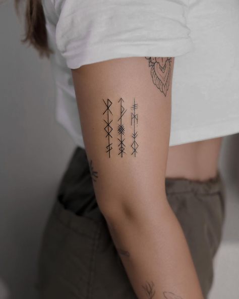 Ancient Runes Tattoo, Valhalla Rune Tattoo, Womens Viking Tattoos Beautiful, Nordic Tattoo Meaning, Norwegian Symbols And Meanings, Freya Rune Tattoo, Viking Heritage Tattoo, Fine Line Nordic Tattoo, Viking Tribe Tattoo