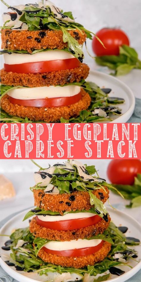 This eggplant caprese stack is visually and tastefully awesome! With crispy panko encrusted eggplant, stacked high with mozzarella, tomato, and a citrusy arugula salad. The perfect appetizer to kick your meal off! #eggplant #breadedeggplant #caprese #capresestack #eggplantcaprese #crispyeggplant #appetizer #vegetarian Eggplant Caprese, Eggplant Stacks, Appetizer Vegetarian, Ensalada Caprese, Crispy Eggplant, Mozzarella Tomato, Eggplant Salad, Greek Salad Pasta, Eggplant Dishes