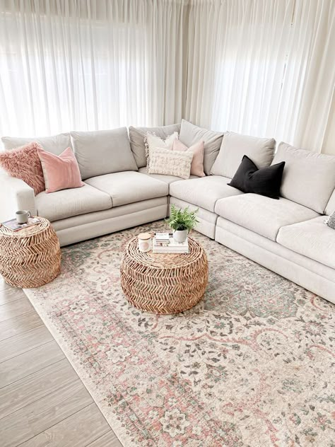 Area Rug Beige Couch, Area Rug Living Rooms, Rug On Grey Carpet Living Room, Rug For Lounge, Faded Persian Rugs, Lounge Room Rug Ideas, Lounge Rug Ideas, Lounge Room Rug, Loungeroom Rug