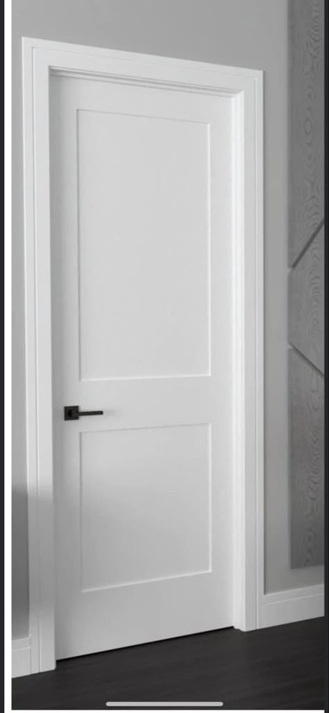 White 2 Panel Door With Black Hardware, Interior Doors For Farmhouse Style, White Interior Door With Black Hardware, Doors For Interior, Modern Home Trim Ideas, White Bedroom Doors With Black Handles, White Trim And Doors Interior, Indoor Doors Farmhouse, Modern Shaker Interior Doors