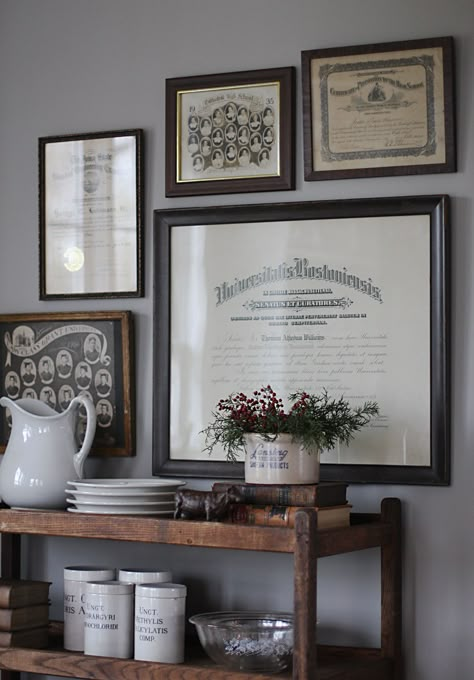 old diplomas/class photos How To Hang Degrees In Office, Office With Diplomas On Wall, How To Display Diplomas, Display Degrees On Wall, How To Hang Diplomas In Office, Hanging Degrees On Wall, Office Diploma Wall, Office Degree Display, Hanging Degrees In Office