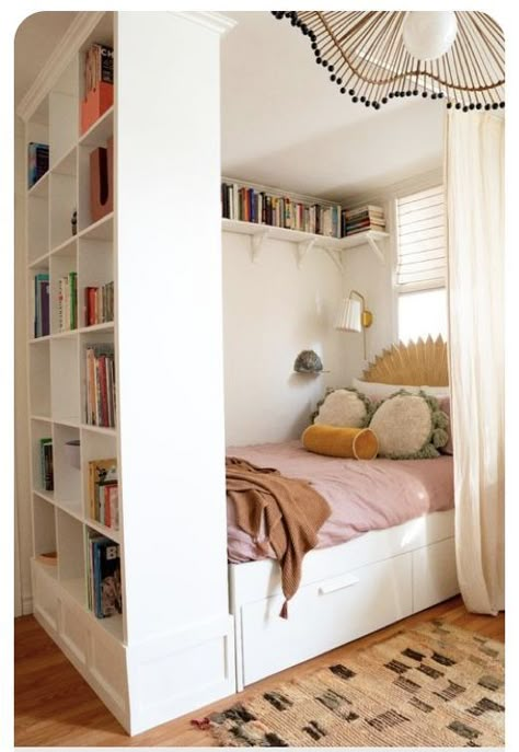 Studio Apartment Makeover, Small Space Studio, Ikea Kallax Shelf, Bed Threads, Tiny Studio Apartments, Bed Nook, Kallax Shelf, Studio Apartment Living, Apartment Makeover