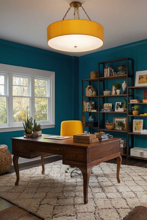 home decorating, home interior design, interior bedroom design, living room interior Bright Office Space, Turquoise Office, Teal Office, Kitchen Colour Combination, Bright Office, Small Home Offices, Sleek Furniture, Workspace Inspiration, Small Home Office