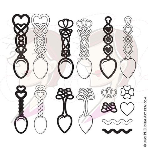 Welsh Love Spoon silhouette clip art and digi stamps, with design elements! Excellent for making ...  Personal wedding invitation or for friends #WelshLoveSpoons #LovespoonsDigistamps #WelshLovespoonClipart Love Spoon Tattoo, Spoon Tattoo, Welsh Tattoo, Spoon Drawing, Welsh Love Spoons, Wood Spoon Carving, Heart Clipart, Love Spoons, Diy Wedding Invitations