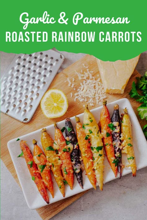 These roasted rainbow carrots with parmesan and garlic are an incredibly easy and delicious way to enjoy gorgeous multicolored carrots! Multi Colored Carrots, Rainbow Carrots Recipe, Assyrian Recipes, Rainbow Carrot Recipes, Colored Carrots, Carrots In Oven, Carrot Recipes Side Dishes, Fork Over Knives, Carrot Pasta