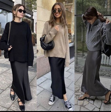 Maxi Skirt Outfit Fall Winter, Silk Maxi Skirt Outfit, Autumn Outfit Women, Black Maxi Skirt Outfit, Skirt Outfit Fall, Midlife Fashion, Fashion Me Now, Rok Outfit, Polished Casual