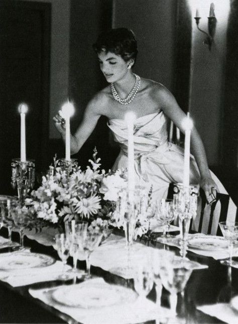 ♡♥Jackie lights a candle wearing her 3 strand pearl necklace - click on pic to see a full screen pic in a better looking black background♥♡ A Table, A Woman, Candles, Flowers