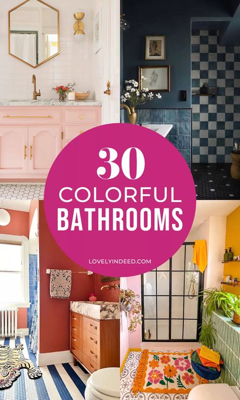 Get inspired by these vibrant spaces! These bathroom color ideas range from bright and sunny to deep and moody, with everything in between. If you're redecorating, remodeling, renovating, or just choosing paint or wallpaper, you need to check out these 30 ideas. Fun Bathroom Colors, Bright Bathroom Paint Colors, Colorful Bathroom Ideas Bright, Bright Color Bathroom, Bright Colored Bathrooms, Bold Bathroom Colors, Bright Bathroom Decor, Retro Bathroom Ideas, Neutral Bathroom Colors