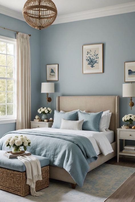 Bedroom Decor For Blue Walls, Bedroom Ideas Cute And Cozy, Light Blue And Gold Bedroom Ideas, Bedroom Inspirations Master Color Schemes Light Blue, Blue House Decor Ideas, French Blue Room, Blue Tone Bedroom, Blue Master Room, Bedroom Inspirations Colors