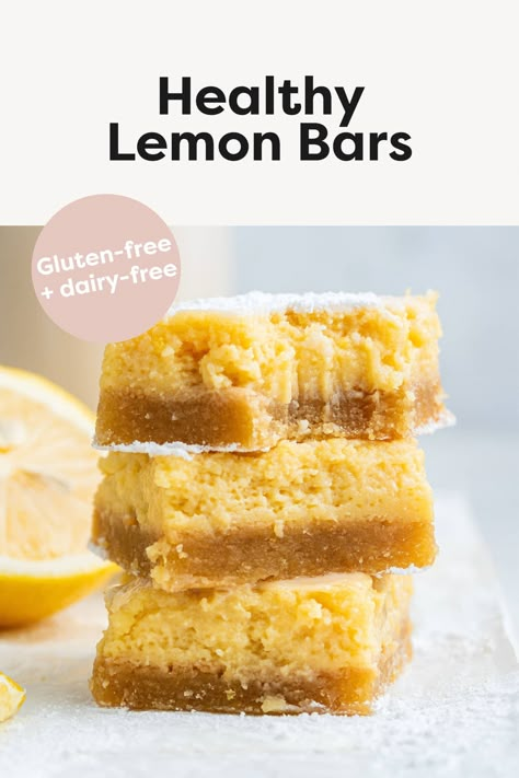 These healthy lemon bars have an almond flour shortbread crust and a creamy, perfectly tart lemon filling. They're gluten-free, dairy-free, naturally sweetened and made with only 6 simple ingredients! Almond Flour Shortbread Crust, Dairy Free Lemon Bars, Healthy Lemon Bars, Lemon Desserts Healthy, Paleo Lemon Bars, Almond Flour Shortbread, Vegan Lemon Bars, Gluten Free Lemon Bars, Lemon Treats