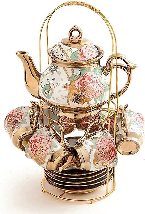 CHANJOON Gold Plated Red Rose Ceramic Tea Set, Vintage Tea Set with Teapot, Beautiful Tea Set Coffee Serving 6 People (Gilded Rose) Vintage Tea Set, China Teapot, Coffee Server, Coffee Serving, Ceramic Tea Set, Estilo Real, Porcelain Tea Set, Beautiful Tea, Tea Sets Vintage