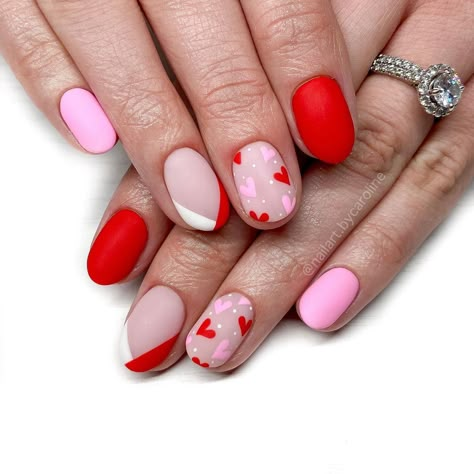 Nontraditional Valentines Nails, Trendy Valentines Day Nails Pink And Red, Valentines Nails Short Round, Extra Short Valentines Nails, Valentines Gel Manicure, Sns Valentines Day Nails, Valentines Nails Squoval, Easy Valentine’s Day Nails, Valentines Manicure Ideas