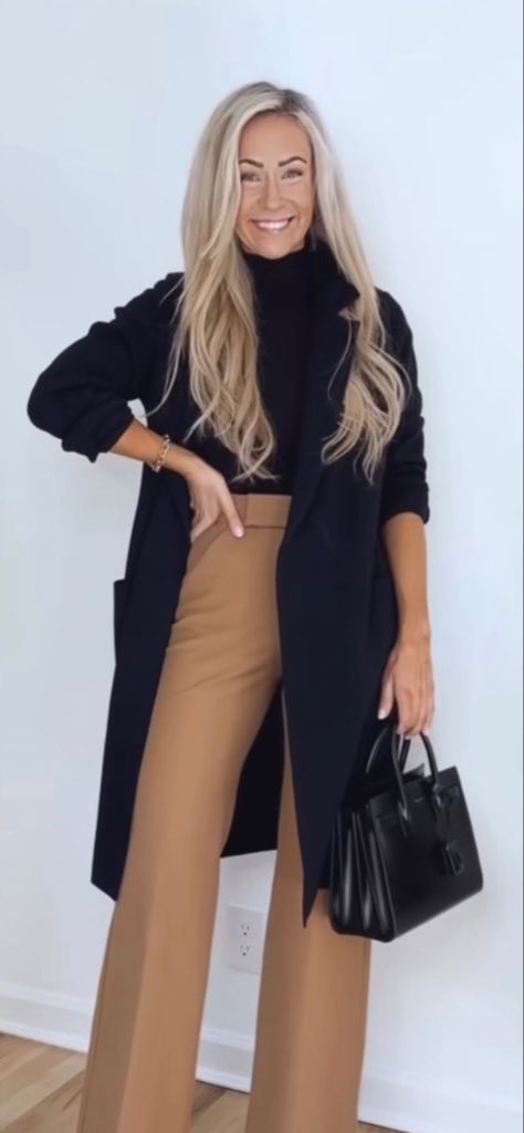 Creme And Black Outfit, Work Outfits Long Sleeve, Outfit For Hairstylist, Wide Leg Dress Pants Outfit Winter, Long Black Cardigan Outfit Work, Semi Dressy Outfits Winter, Office Outfits For Winter, Fall Workwear 2024, Long Cardigan Work Outfit