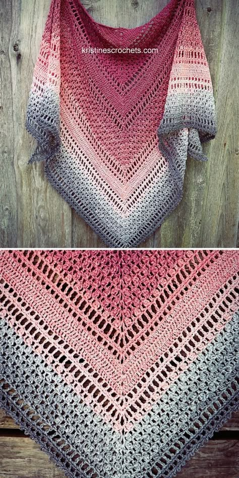 I love beautiful ombre yarns, so this shawl by Kristine immediately caught my eye. Combination of stitches makes it look very sophisticated, but in fact it’s not that hard to make. Remember that you can start ombre yarn from both ends, so in this case the shawl would be grey with a pink trim. #freecrochetpattern #crochetpattern #crochetshawl Free Crochet Scarf Patterns, Picot Crochet, Free Crochet Scarf, Crochet Triangle Shawl Pattern, Triangle Crochet, Crochet Shawl Diagram, Crocheted Shawls, Crochet Triangle Scarf, One Skein Crochet