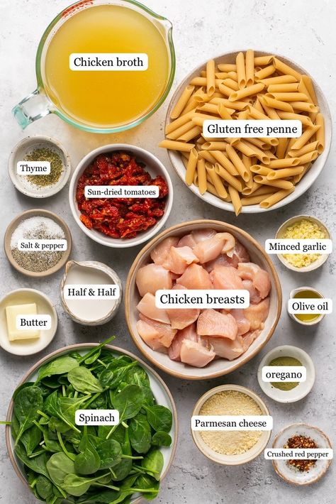 A simple, creamy pasta dish made with tender chicken breast pieces, spinach, and penne pasta simmered in a sun-dried tomato sauce. This Marry Me Chicken Pasta is a one-pot, 30-minute meal that the whole family will devour. Perfect for busy weeknights or a date night! One Pot Chicken Spinach Pasta, Healthy Marry Me Chicken Pasta, Baked Tuscan Chicken Pasta, Pasta Dishes Recipes Chicken, Fast Dinner Recipes Quick Meals Chicken, Family Dinner Pasta Recipes, Sun Dried Chicken Pasta, Date Night Pasta Dinner, Chicken Broth Pasta Sauce