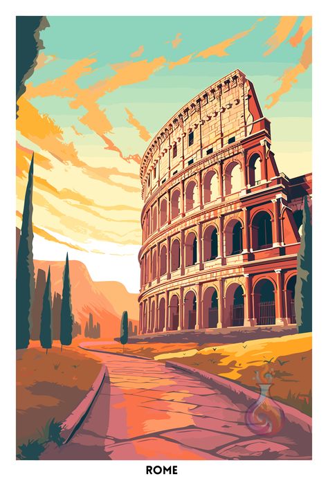 Colosseum Italy, Rome Colosseum, Colouring Pics, Illustrated Poster, Rome Art, Italian Posters, Colosseum Rome, Italy Poster, Polygon Art