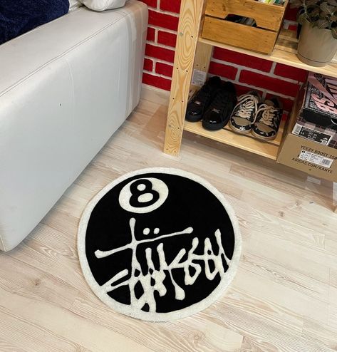 IG: Uqem.Studio Rugs in stock: uqem-studio.com Stussy Rug, 8 Ball Rug, House Bedroom Ideas, Rug Aesthetic, Funky Rugs, Bedroom Deco, Cute Emoji Wallpaper, Apartment Decor Inspiration, 8 Ball