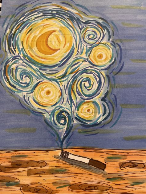 Original Works Art Projects, Acrylic Painting Van Gogh Style, Imaginary World Drawing Easy, Mini Colored Pencil Drawings, Art Poster Design Drawings, Swirl Painting Ideas, Van Gohn Paint, Simple Pastel Drawing, Painting Ideas In Sketchbook