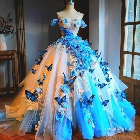 Blue Caterpillar, Book Outfits, Dreamy Gowns, Pretty Quinceanera Dresses, Clothes Art, Stunning Prom Dresses, Text Story, Fantasy Dresses, Princess Ball Gowns