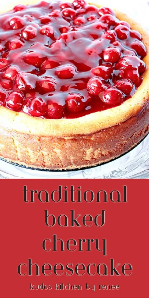 Traditional Cherry Cheesecake is a smooth and creamy vanilla cheesecake topped to perfection with a sweet and tart cherry pie filling. #cheesecake #cherrycheesecake #traditionalcheesecake #bakedcheesecake #newyorkcheesecake #cherrydessert #kudoskitchenrecipes Cherry Topped Cheesecake, Cheesecake With Cherry Topping, Old Fashioned Cherry Cheesecake, Cherry Cheesecake Recipes, Unbaked Cherry Cheesecake, Tart Cherry Pie, Miniature Cheesecakes, Cheesecake Factory Cherry Cheesecake, Sour Cherry Pie