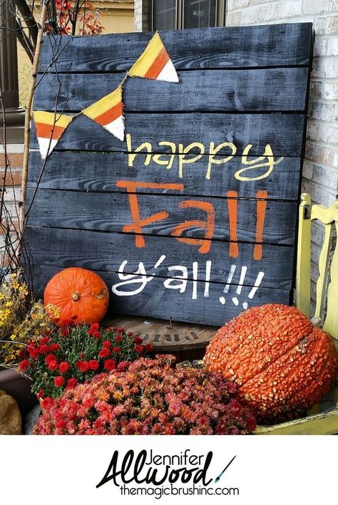 happy fall y'all !!! themagicbrushinc.com #pumpkin #pumpkineverything #fall #falldecor #homedecor #glitter #diy #diyhomedecor #howto Fall Pallet Signs, Fall Pallets, Pallet Signs Diy, Pallet Project, Easy Halloween Crafts, Fall Decorations Porch, Halloween Diy Crafts, Happy Fall Y'all, Fall Porch