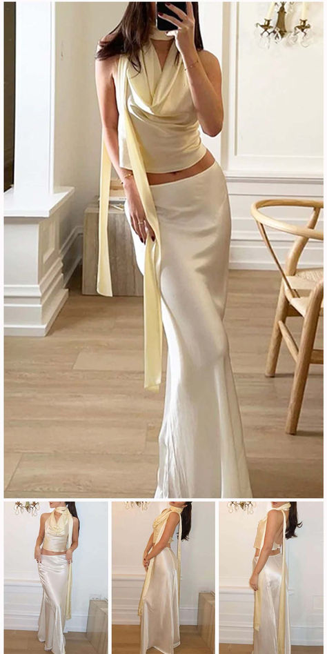 Elegant Solid Backless Halter Sleeveless Two Pieces Long Satin Skirt, Italian Summer Outfits, Women Silhouette, Halter Vest, Sheath Skirt, Sleeveless Suit, Backless Crop Top, Middle Age Fashion, Loose Outfit