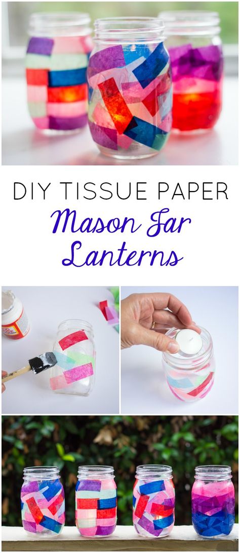 Mason Jar Tissue Paper Lantern, Tissue Paper Glass Jar, Tissue Paper Mason Jar Lanterns, Mod Podge Tissue Paper Crafts, Craft Jars Ideas, Tissue Paper Jars, Tissue Paper On Glass Jars, Mason Jar Lanterns For Kids, Mod Podge Jars