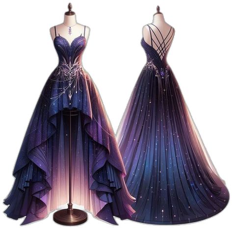 Ragged Dress, Galaxy Gradient, Midnight Cinderella, Gradient Dress, Manhwa Pfp, Comic Painting, Galaxy Dress, Magical Dress, Fantasy Design