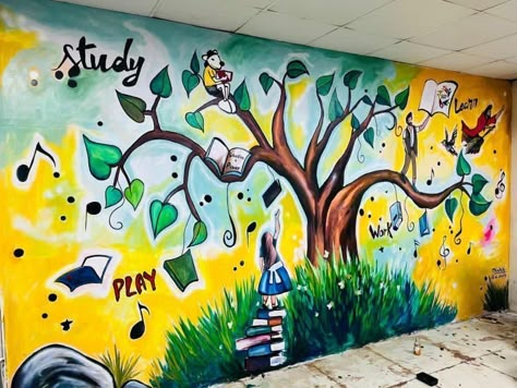 #education #grow#growth #graffiti #painting #paint #ootd #art #india #delhi #murals School Art Murals, School Mural Ideas Outdoor, Community Mural Ideas, School Murals Highschool, Elementary School Murals, Murals For School, Simple Graffiti, School Wall Art Ideas, School Mural Ideas