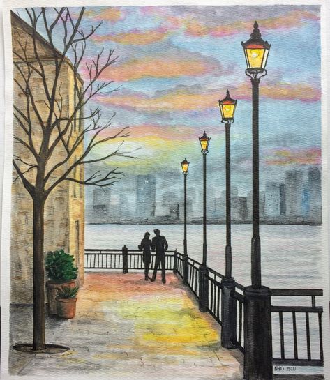 This watercolor painting is available for purchase on Etsy.  It features a young couple enjoying the city view at sunset.  $35 Couple Scenery Drawing, Sky View Painting, City View Drawing, Couple Watercolor Painting, City Scene Painting, Pink And Blue Sky, Sunset Watercolor Painting, Drawing Sunset, Landscape Painting Watercolor