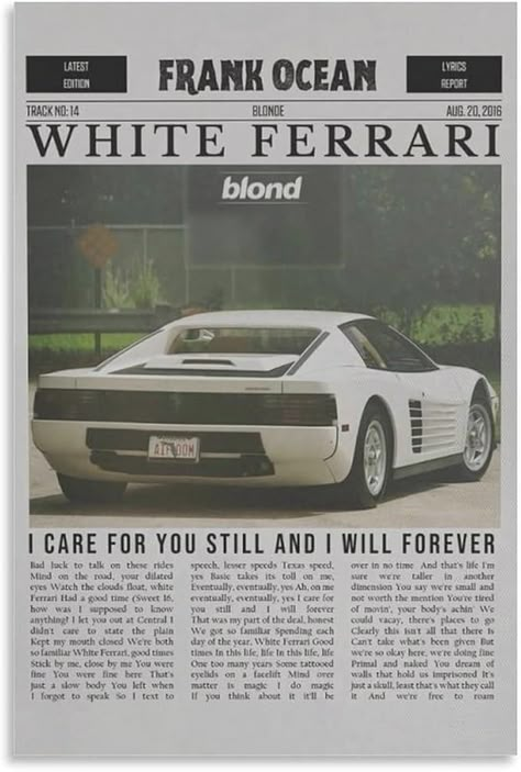 Amazon.com: VTYRTOWN Frank Ocean White Ferrari Canvas Poster Wall Decorative Art Painting Living Room Bedroom Decoration Gift Unframe-style12x18inch(30x45cm): Posters & Prints Frank Ocean Birthday, Frank Ocean White, Blond Poster, Prints For My Room, Wall Posters Bedroom, Art Painting Living Room, Frank Ocean Poster, Frank Ocean Wallpaper, Ocean Room Decor