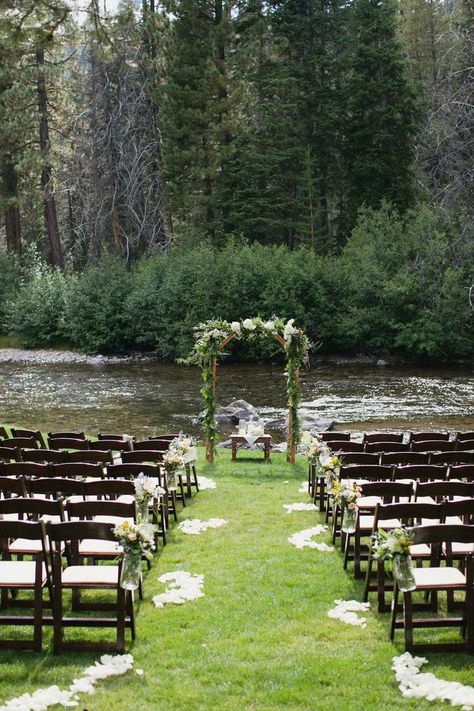 River Ceremony Wedding, Wedding Venues Near Water, Wedding On A Bridge, By The Lake Wedding, Forest River Wedding, Weddings By Water, Aesthetic Outdoor Wedding, Waterside Wedding Ceremony, Small September Wedding