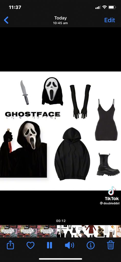 Halloween Ghost Face Costume, Ghostface Diy Costume, Scream Face Makeup, Ghostface Ideas Halloween, Ghost Face And Freddy Krueger Costume, Ghost Face Costume Women Outfit, Halloween Scream Costume, Ghostface Costume Ideas, Ghostface Women Costume