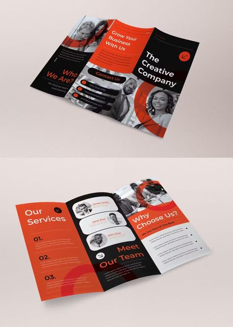 Orange Modern Business Trifold Brochure Template AI, PSD Modern Trifold Brochure Design, Business Trifold Brochure, Modern Brochure Design Creative, Creative Brochure Ideas, Trifold Brochure Design Creative, Trifold Leaflet, Sdg 5, Church Brochures, Company Brochure Design